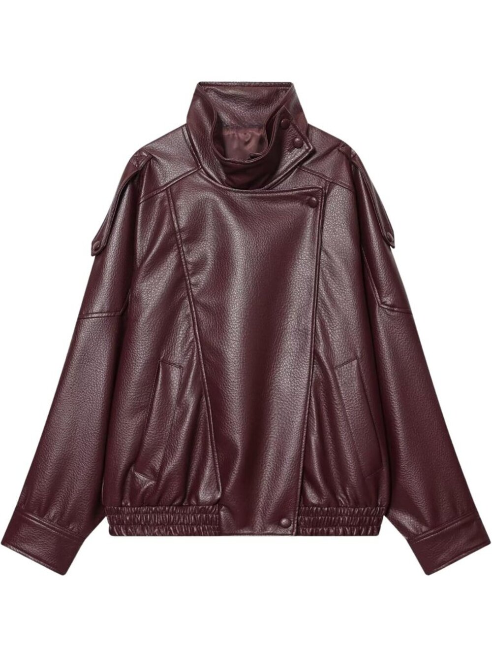 Women’s Burgundy Oversized Faux Leather Jacket Casual High Collar Long Sleeve